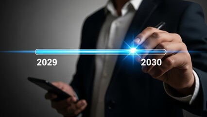 Businessman drawing a timeline progress bar on a virtual screen from 2029 to 2030