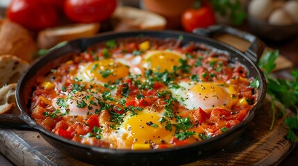 Close up of shakshuka with four eggs in a cast iron skillet garnished with fresh herbs on a wooden board