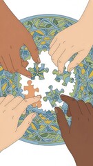 Diverse Hands Assembling Jigsaw Puzzle Together.