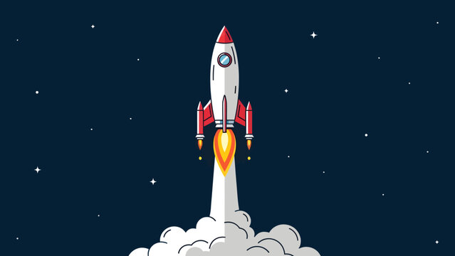 White and red cartoon rocket launching with fiery exhaust and smoke trail. - Powered by Adobe
