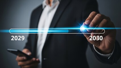 Businessman interacting with futuristic timeline displaying years 2029 and 2030