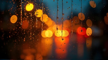 Abstract background of rain running down a window glass with bright yellow and orange city lights bokeh effect at night.