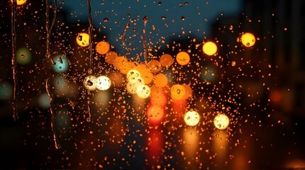 Rain drops and streaming water on a window glass at night, illuminated by blurred warm city lights creating a vibrant bokeh background.