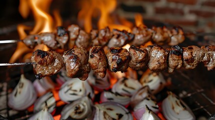 Close up of meat kebabs grilling over a fire with onions and flames in the background on a grill