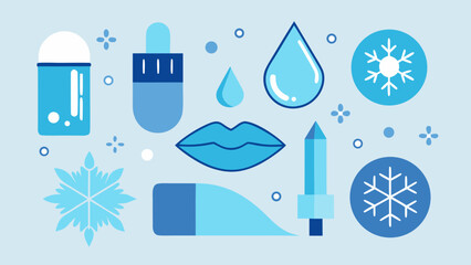 Winter lip care products and symbols in flat style with snowflakes, drops, balm and moisturizing icons on blue background