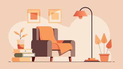 Cozy reading corner with armchair, floor lamp, books and indoor plants in warm autumn colors