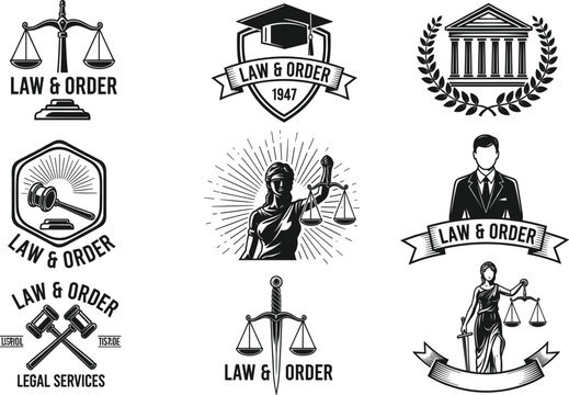 Vintage vector emblem set for law and order featuring lady justice, scales, gavels, lawyer silhouettes, and legal symbols in black and white style.