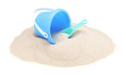Beach toys for children and sand isolated on white, banner design. Plastic bucket and shovel © New Africa