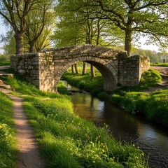 Fototapeta premium Ancient Stone Bridge Over Flowing Stream.