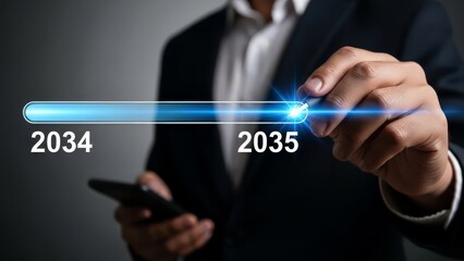 Businessman points to future years 2034 and 2035 displayed on digital interface