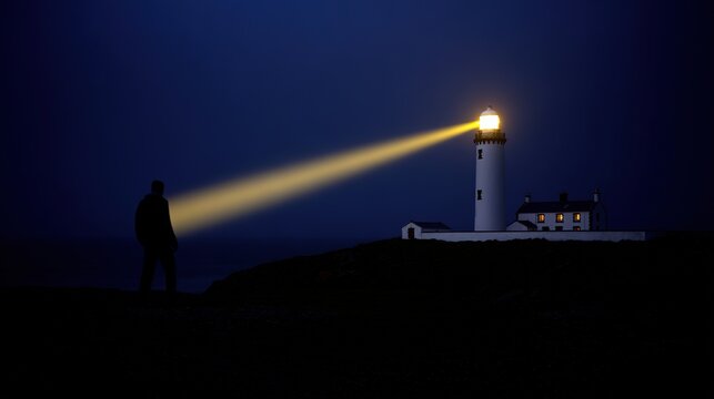 keeper. A lighthouse keeper inspecting the beacon at night. mobility guides, transit brochures, designed for mobility and urban transit guides, used by marketing managers.