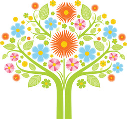Vibrant blooming floral tree illustration with colorful blue orange and pink flowers and green leaves isolated on white background for nature growth concept.