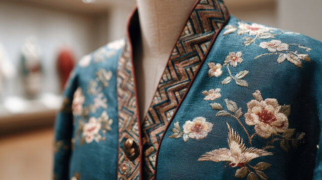 Close-up of an embroidered kimono on display.