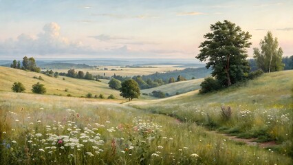 Naklejka premium beautiful flowers in the garden on blure background closeup, minimalism. White tone,landscape, sky, grass, field, mountain, meadow, green, nature, summer, countryside, spring, country, panorama, fores