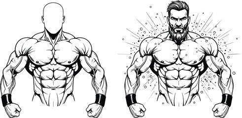 Fototapeta premium Muscular male anatomy illustration, bodybuilding torso comparison, fitness strength concept, powerful athletic body, vector line art designMuscular male anatomy illustration 