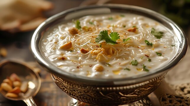Close up of a bowl of payasam garnished with nuts and cilantro on an ornate metal stand
