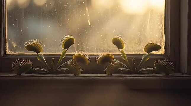 Six Venus Flytraps Silhouetted by Golden Sunlight Indoors