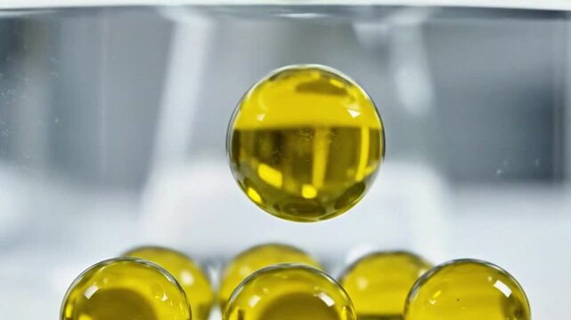 Molecular gastronomy a sphere of olive oil forming via spherification in a calcium bath.