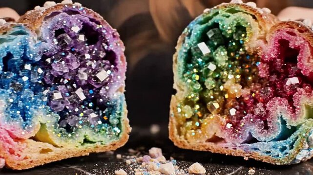 Luxurious pull-apart of a rainbow geode bread, glittering with crystalized sugar and edible glitter.