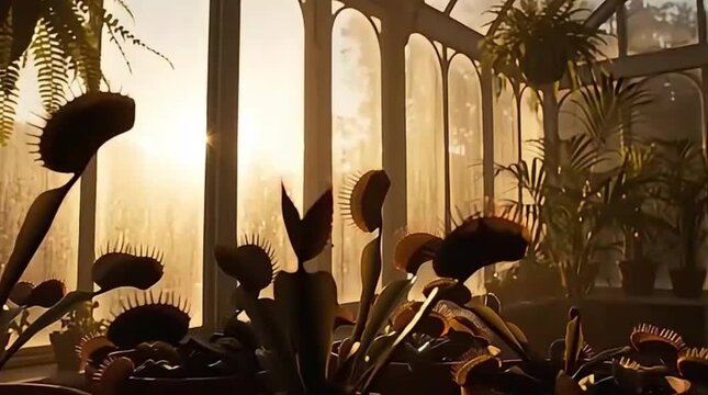 Venus Flytraps Silhouetted in Warm Sunlight Inside Greenhouse