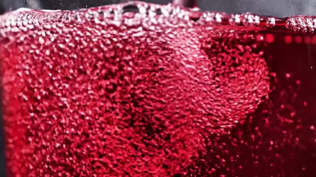 Macro shot of carbonation bubbles rising in a vibrant crimson hibiscus soda, against a dark slate background.