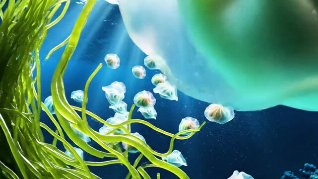 Underwater scene translucent dumplings floating like jellyfish, with seaweed noodles