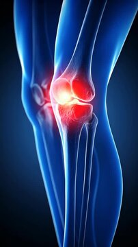 Highlighted anatomical knee joint displaying pain or inflammation, medical illustration, healthcare concept, lower limb bones