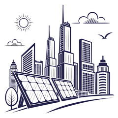 Obraz premium City skyline with solar panels and sun