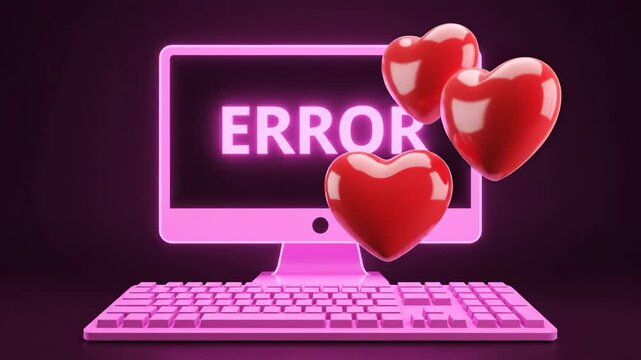 Digital Love Glitch: Pink Computer with Error Message and Floating Hearts