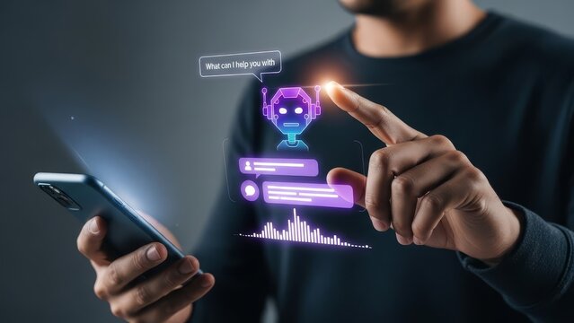 Modern technology interface shows person interacting with virtual assistant using smartphone - Powered by Adobe