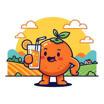 Cartoon orange character holding juice.