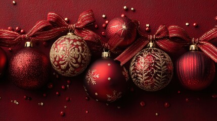 Vertical arrangement of red Christmas ornaments with gold accents and ribbon on a bold red background for holiday decor