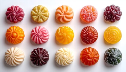 Assorted colorful handmade candies arranged in an abstract pattern on a white background. Vibrant sweet treats concept for food, celebration, dessert, and marketing design.
