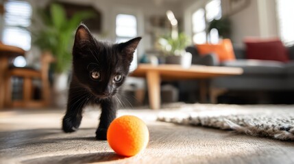Adorable tiny kitten at play with orange ball in a comfortable living room scene