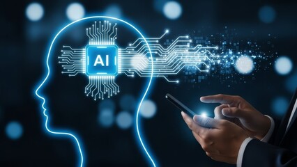 Person interacting with a digital interface illustrating artificial intelligence inside a human brain