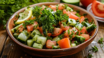 Close up of a bowl of fresh salad with tomatoes cucumbers and parsley on a wooden surface