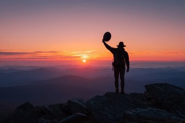 Obraz premium Adventurous Silhouette: Hiker Standing on a Crest at Dusk