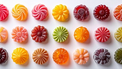 Assorted colorful handmade candies arranged in an abstract pattern on a white background. Vibrant sweet treats concept for food, celebration, dessert, and marketing design.