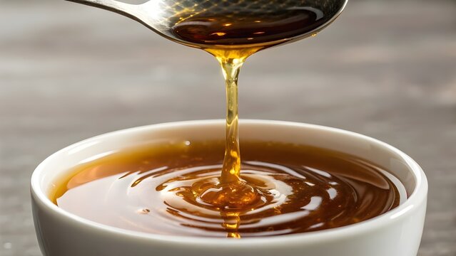 Golden Honey Dripping From Tablespoon Into Cup Of Tea Captured In Macro Texture Detail Highlighting Rich Viscosity Warm Light And The Comforting Essence Of Natural Sweetness And Calm
