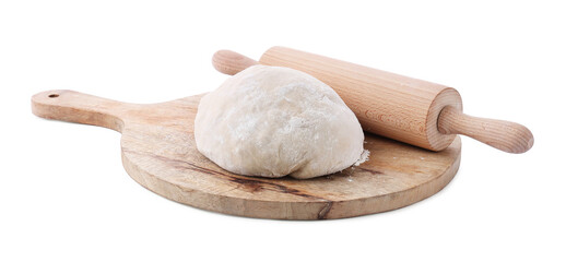 Wooden board with dough and rolling pin isolated on white