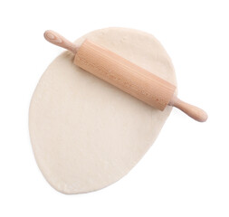 Dough with rolling pin isolated on white, top view