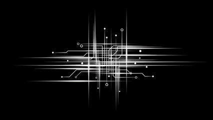 A stark digital circuit design in white lines and dots against a deep black background. The graphic suggests connectivity and information flow