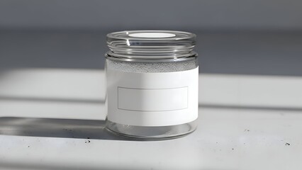 Glass Jar with White Label on Table.