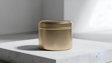 Gold Container on White Platform Surface.