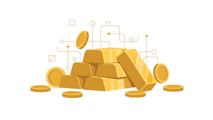 A stack of bars and scattered coins in shades of yellow and gold, set against a clean white backdrop, with abstract lines © Naga