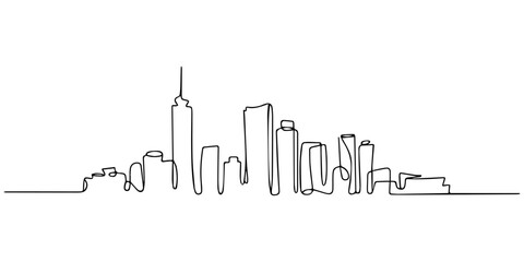 Fototapeta premium Single one line drawing modern cityscape, Continuous line drawing of a modern city skyline with skyscrapers, isolated on continuous one line art of vector illustration, style buildings and skyscrapers