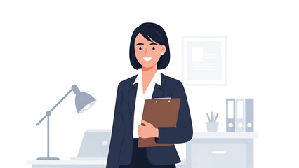 A smiling woman with a clipboard stands at her desk. Office items like a lamp, laptop, desk, file holders, and decorations are in the office