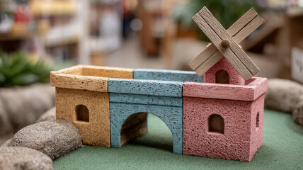 Miniature colorful windmill structure in a model village scene.