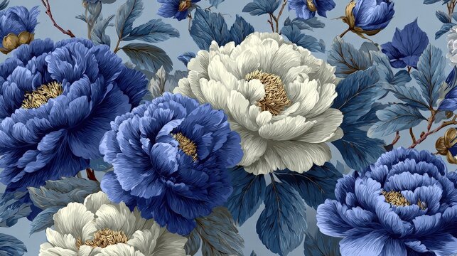 Floral blue chinoiseries peonies pattern with birds in classic Victorian damask style for cottagecore design and sophisticated decor themes