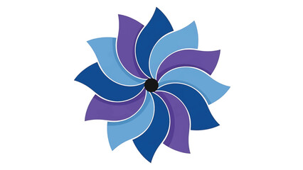Fototapeta premium A stylized abstract flower design composed of overlapping, curved petals. The petals employ various shades of blue and purple. A central black dot anchors the composition